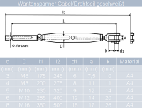 Wantenspanner D=3 bis D=8 M6 bis M16 Gabel/Drahtseil geschwei&szlig;t, geschlossen, Edelstahl A4