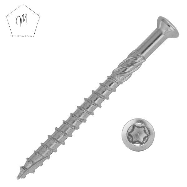 Terrassenschrauben 5,0 X 40 bis 5,0 X 80 TORX TX-25 mit Schneidkerbe u. Linsenkopf, Edelstahl C1