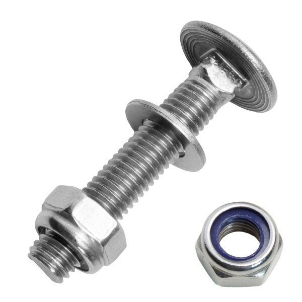 Schlossschrauben M5 X 12/12 bis M16 X 150/150 DIN 603 Edelstahl A2 und Sechskantmuttern M5 bis M16 niedr. Form, selbstsichernd, Polyamidklemmteil DIN 985 Edelstahl A2 und Unterlegscheiben 5,3 (M5) bis 17 (M16) DIN 125 Edelstahl A2