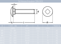 Schlossschrauben M5 X 12/12 bis M16 X 150/150 DIN 603 Edelstahl A2 und Hutmuttern M5 bis M16 selbstsichernd mit nichtmetallischem Klemmteil DIN 986 Edelstahl A2 und Gro&szlig;e Unterlegscheiben 5,3 (M5) bis 17 (M16) DIN 9021 Edelstahl A2