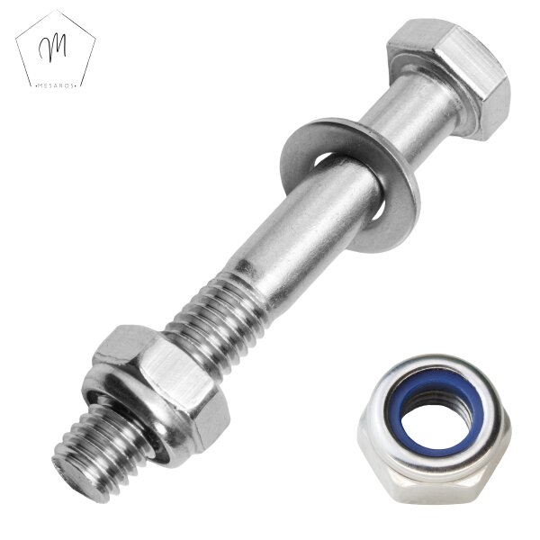50 St&uuml;ck Sechskantschrauben M10 X 90 mit Schaft DIN 931 Edelstahl A2 und Sechskantmuttern M10 niedr. Form, selbstsichernd, Polyamidklemmteil DIN 985 Edelstahl A2 und Unterlegscheiben 10,5 (M10) DIN 125 Edelstahl A2