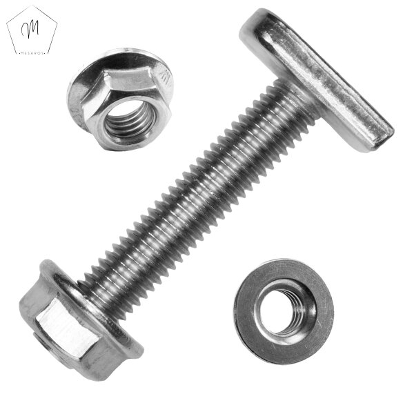 Hammerkopfschrauben f&uuml;r Montageschiene Typ 28/15 M8 X 16 bis M10 X 100 Edelstahl A2 und Sechskantmuttern M8 bis M10 mit Flansch, ohne Sperrverzahnung DIN 6923 Edelstahl A2